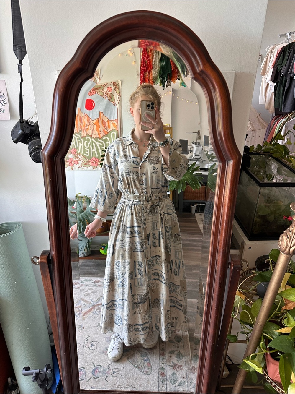 Rare Vintage Linen 70s/80s Printed Button-Front Midi Dress with Tie Waist - Picture 12 of 15